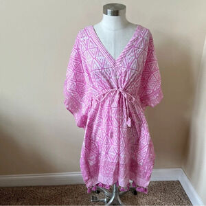 Holicow block print tassel trim caftan beach cover up 17857